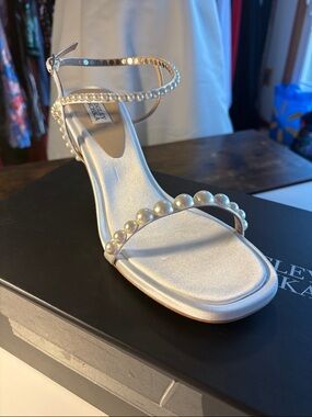 Badgley Mischka Ivory Pearl-Trim Satin Heeled Sandals